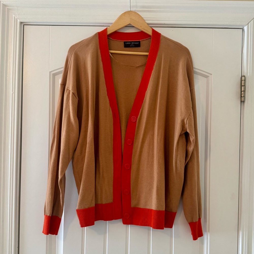 Lane Bryant Camel Cardigan with Orange Accent Plus 22/24 | Two-Tone Style